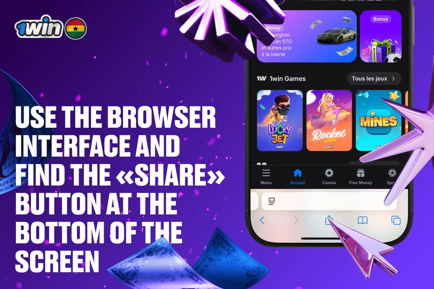 Use the browser interface and find the “share” button at the bottom of the screen